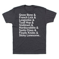 Indiana Town Names Gnaw Bone & French Link & Loogootee & Toad Hop & Slabtown & Hardscrabble & Santa Claus & Floyds Knobs & Stony Lonesome Midwest Towns Cities State Raygun T-Shirt Standard Unisex Snug