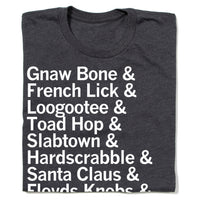 Indiana Town Names Midwest City State Towns Cities Gnaw Bone & French Lick & Loogootee & Toad Hop & Slabtown & Hardscrabble & Santa Claus & Floyds Knobs & Stoney Lonesome T-Shirt Raygun Standard Unisex Snug