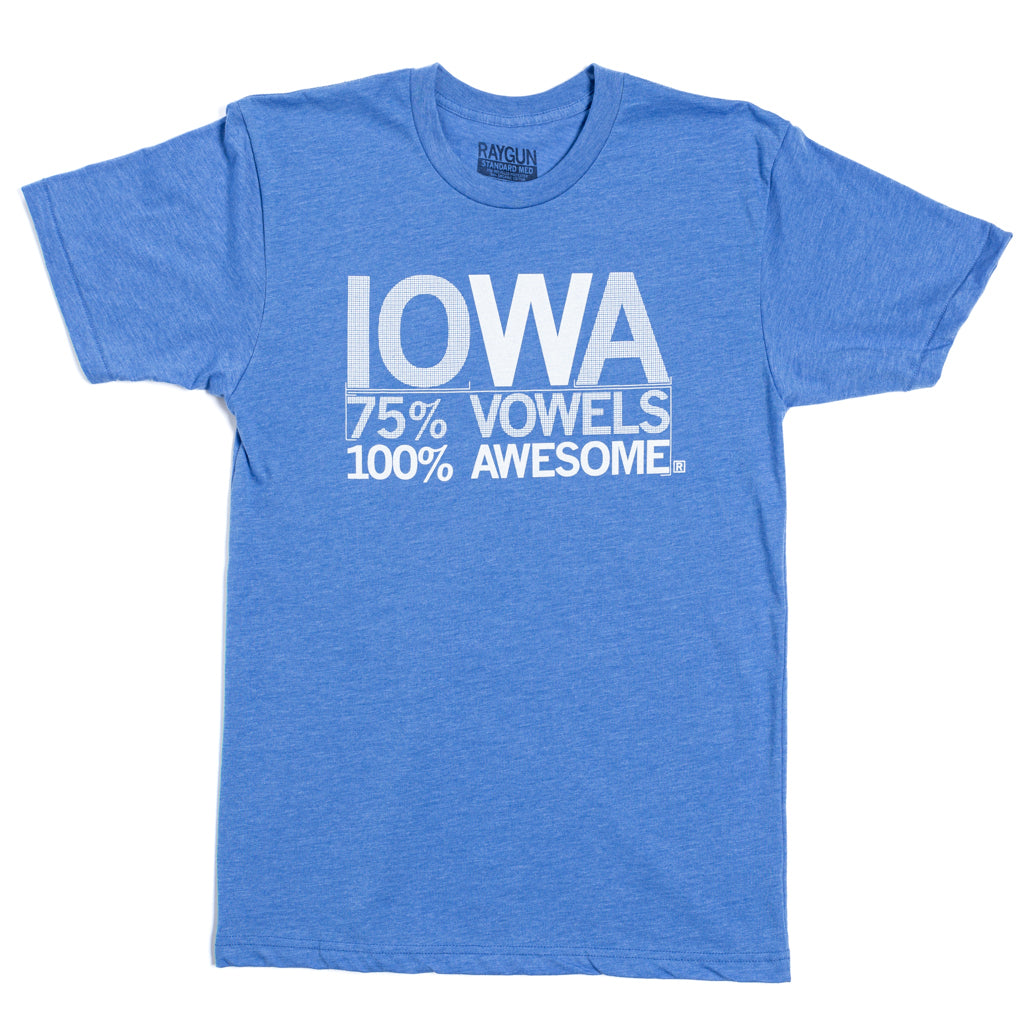 Short sleeve heather blue shirt with white text that says, "Iowa: 75% Vowels, 100% Awesome!"