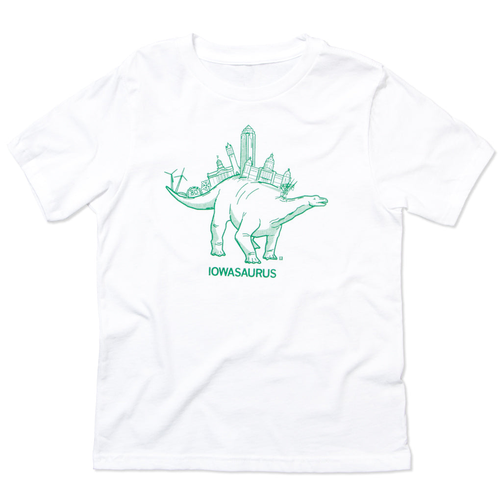 White cotton Iowasaurus t-shirt featuring a green graphic of a dinosaur with an Iowa city skyline on its back and the word IOWASAURUS printed below.