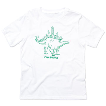 White cotton Iowasaurus t-shirt featuring a green graphic of a dinosaur with an Iowa city skyline on its back and the word IOWASAURUS printed below.