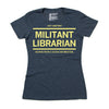 Heather denim short-sleeved t-shirt with yellow text that reads, Just another militant librarian helping people access information.