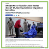 A news article about the death of RAGBRAI co-founder John Karras, featuring statues of the founders being unveiled at an expo where an attendee wears an Iowa t-shirt.