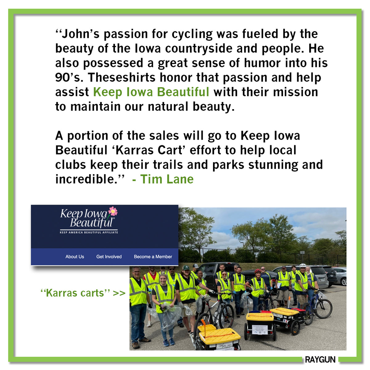 A group of volunteers in neon yellow vests stands in a park with bicycles and trailers labeled Karras Carts, supporting a cycling initiative by Keep Iowa Beautiful.