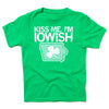 Bright green Iowish toddler t-shirt featuring the text KISS ME, IM IOWISH above an outline of the state of Iowa filled with small shamrocks and a larger clover in the center.
