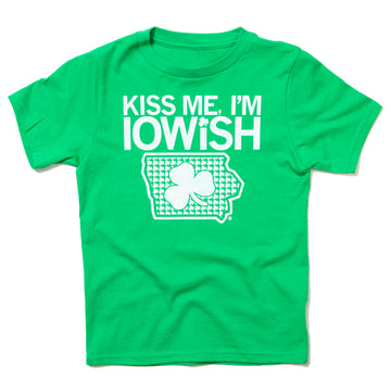 Bright green Iowish toddler t-shirt featuring the text KISS ME, IM IOWISH above an outline of the state of Iowa filled with small shamrocks and a larger clover in the center.