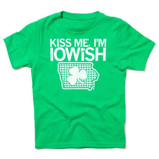 Bright green Iowish toddler t-shirt featuring the text KISS ME, IM IOWISH above an outline of the state of Iowa filled with small shamrocks and a larger clover in the center.
