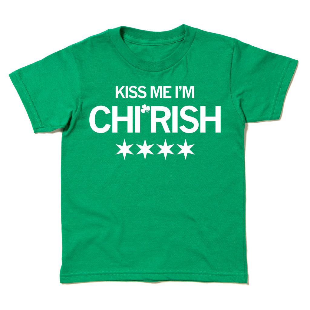 Green toddler t-shirt with white text reading KISS ME IM CHI*RISH above four white six-pointed stars.