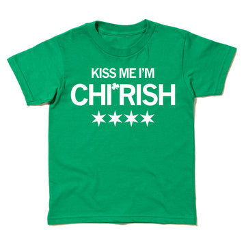 Green toddler t-shirt with white text reading KISS ME IM CHI*RISH above four white six-pointed stars.