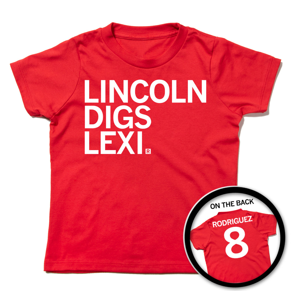 Lincoln Digs Lexi Lexi Rodriguez Lincoln Nebraska 8 Front Back Sleeve Volleyball Student Athlete Athletes College Sports Game Raygun T-Shirt Snug Standard Unisex NIL Licensed Red White Kids Kid