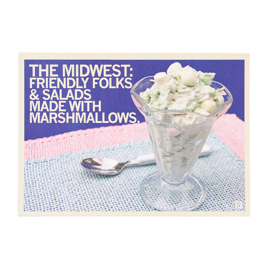 A glass dish filled with green marshmallow salad next to a spoon, from a Midwest postcard with text reading, The Midwest: Friendly folks & salads made with marshmallows.