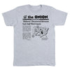 Light gray RAYGUN collaboration t-shirt featuring a screen-printed front page of The Onion with the headline Midwest Discovered Between East And West Coasts and a map of the United States.
