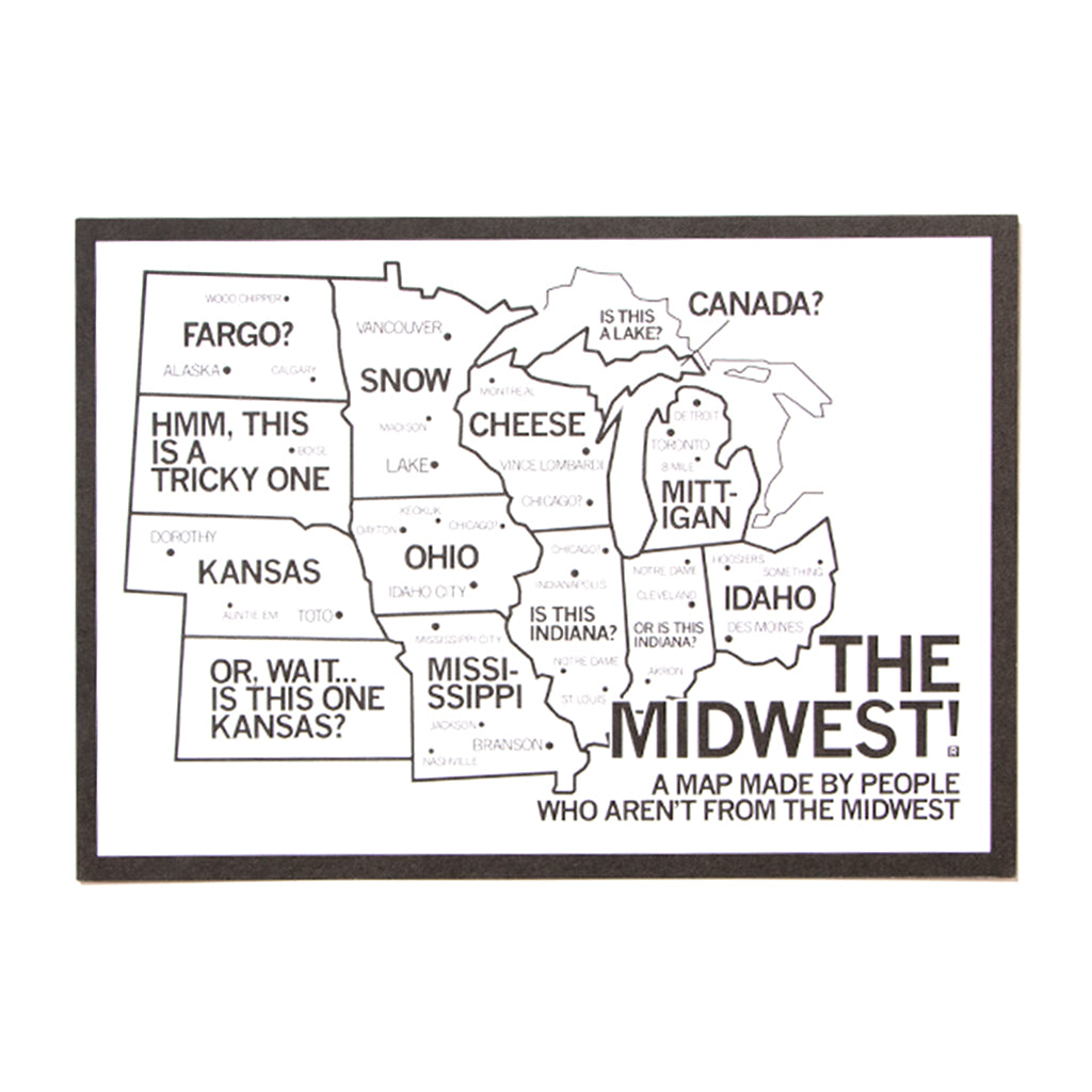 A humorous, intentionally inaccurate Midwest map postcard depicting incorrectly named and geographically misplaced states as imagined by someone unfamiliar with the region.