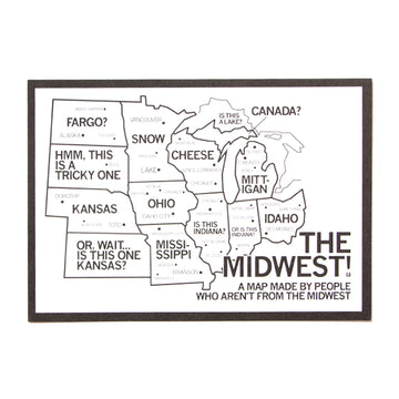 A humorous, intentionally inaccurate Midwest map postcard depicting incorrectly named and geographically misplaced states as imagined by someone unfamiliar with the region.
