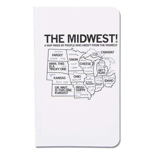 RAYGUN notebook cover titled The Midwest! A map made by people who aren’t from the Midwest featuring a map of the United States with humorous, incorrect labels for various states and cities.