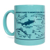 Light blue dishwasher-safe RAYGUN mug featuring the Midwestern Fish graphic, with illustrated species including catfish, muskellunge, and trout labeled by name.