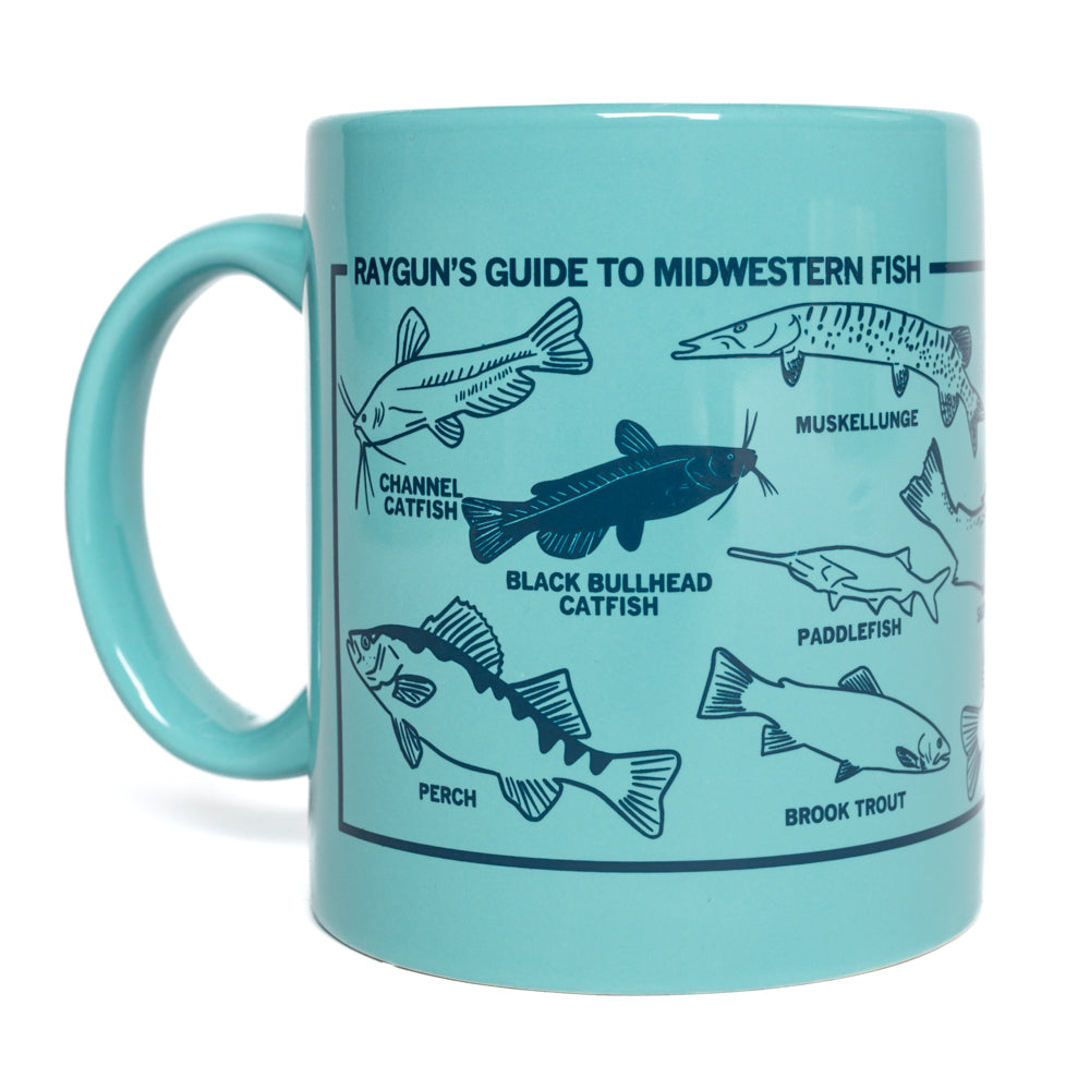 Light blue dishwasher-safe RAYGUN mug featuring the Midwestern Fish graphic, with illustrated species including catfish, muskellunge, and trout labeled by name.