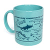 Light blue dishwasher-safe RAYGUN mug printed with a guide to Midwestern fish and labeled illustrations of various fish species.