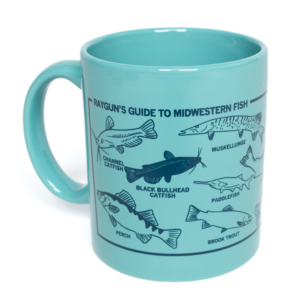 Light blue dishwasher-safe RAYGUN mug printed with a guide to Midwestern fish and labeled illustrations of various fish species.