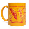 Mustard yellow 11 oz RAYGUN mug printed with Rayguns Guide to Midwestern Leaves and illustrations of various leaf types with their names.