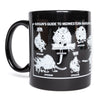An 11 oz black mug featuring white illustrations of opossums with the text RAYGUNS GUIDE TO MIDWESTERN MARSUPIALS.