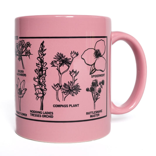 An 11 oz pink ceramic mug featuring a black line-art illustration of Midwestern prairie flowers, including golden alexanders, nodding ladies tresses orchid, compass plant, spiderwort, and rattlesnake master.
