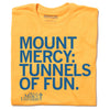 Mount Mercy University Tunnels of Fun Cedar Rapids Iowa Royal Blue Gold College Education School Raygun T-Shirt Standard Unisex