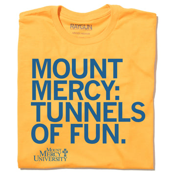 Mount Mercy University Tunnels of Fun Cedar Rapids Iowa Royal Blue Gold College Education School Raygun T-Shirt Standard Unisex