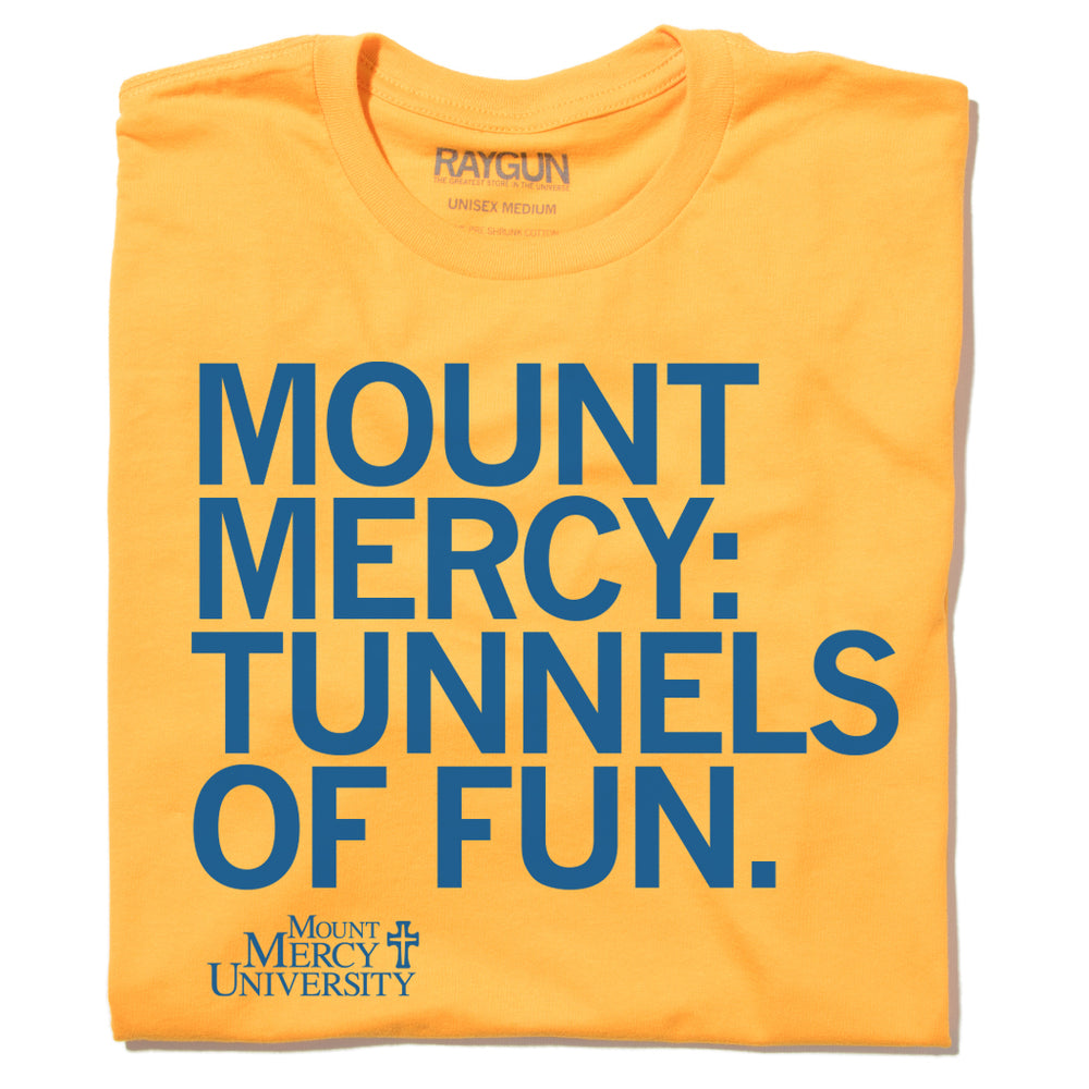 Mount Mercy University Tunnels of Fun Cedar Rapids Iowa Royal Blue Gold College Education School Raygun T-Shirt Standard Unisex