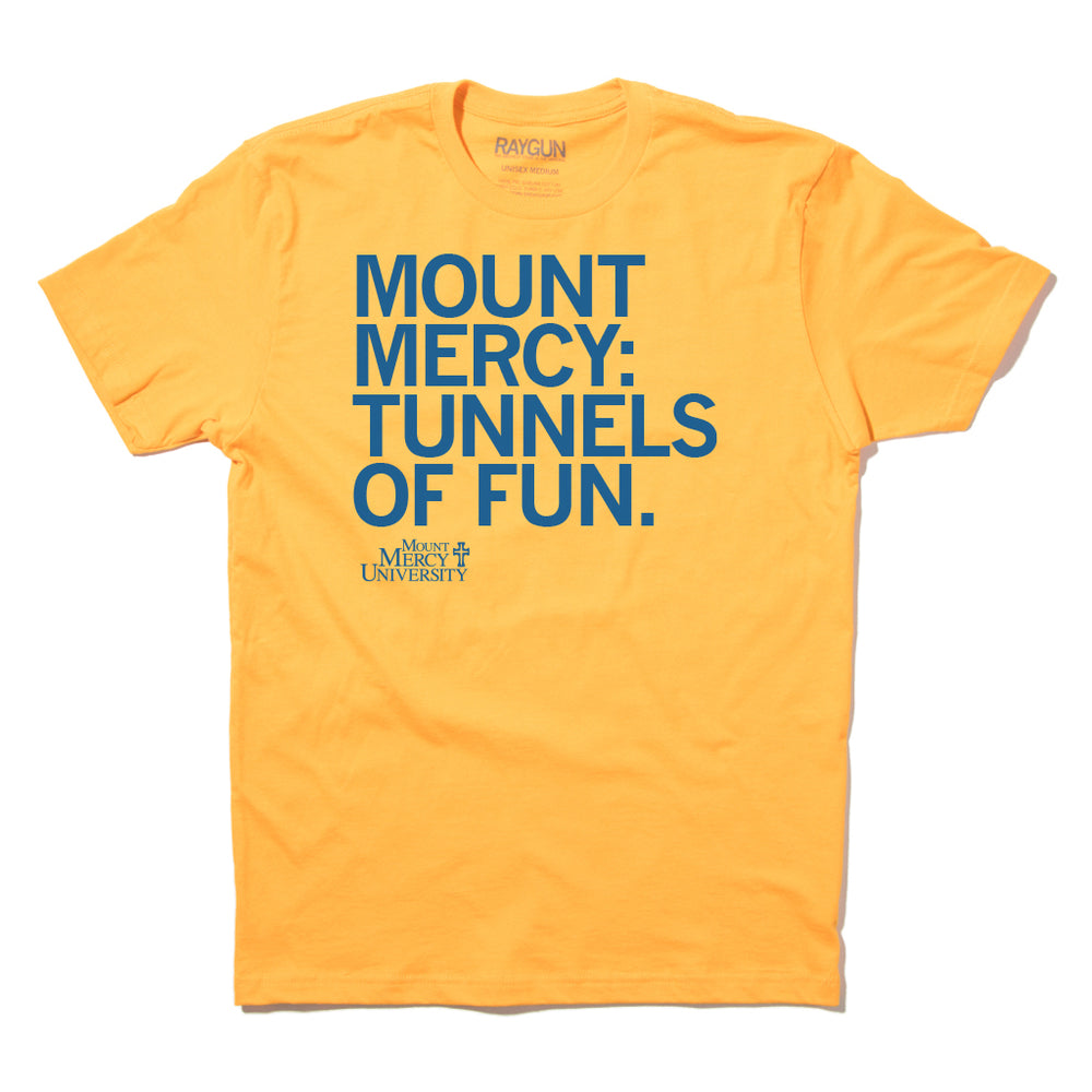 Mount Mercy University Tunnels of Fun Cedar Rapids Iowa Royal Blue Gold College Education School Raygun T-Shirt Standard Unisex