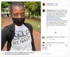 A person wearing a black mask and a Nasty Women t-shirt featuring the faces of four women and the text MT. NASTY stands on a brick path outside a polling place.