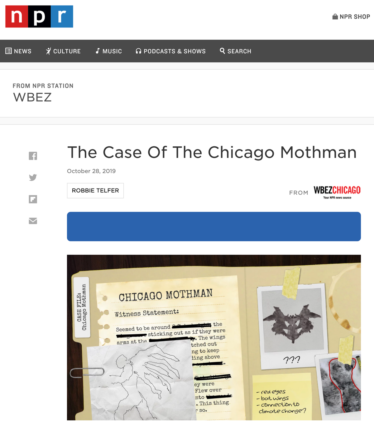 A digital case file for the Chicago Mothman featuring a witness statement, a hand-drawn creature sketch, a Rorschach test, and a blurred, red-marked photograph, printed on a union made t-shirt.
