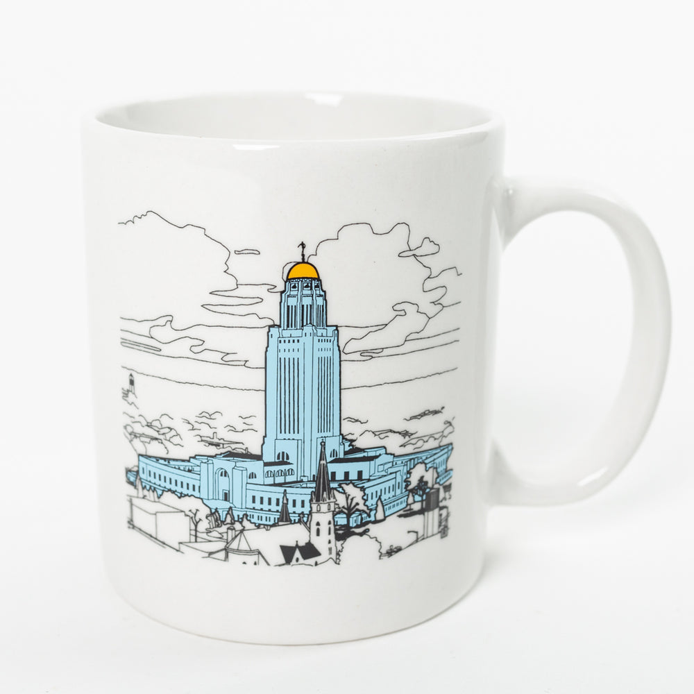 Nebraska Capitol Mug Coffee Mugs Drink Beverage Glassware Raygun Print State City Omaha Building blue black white yellow midwest print