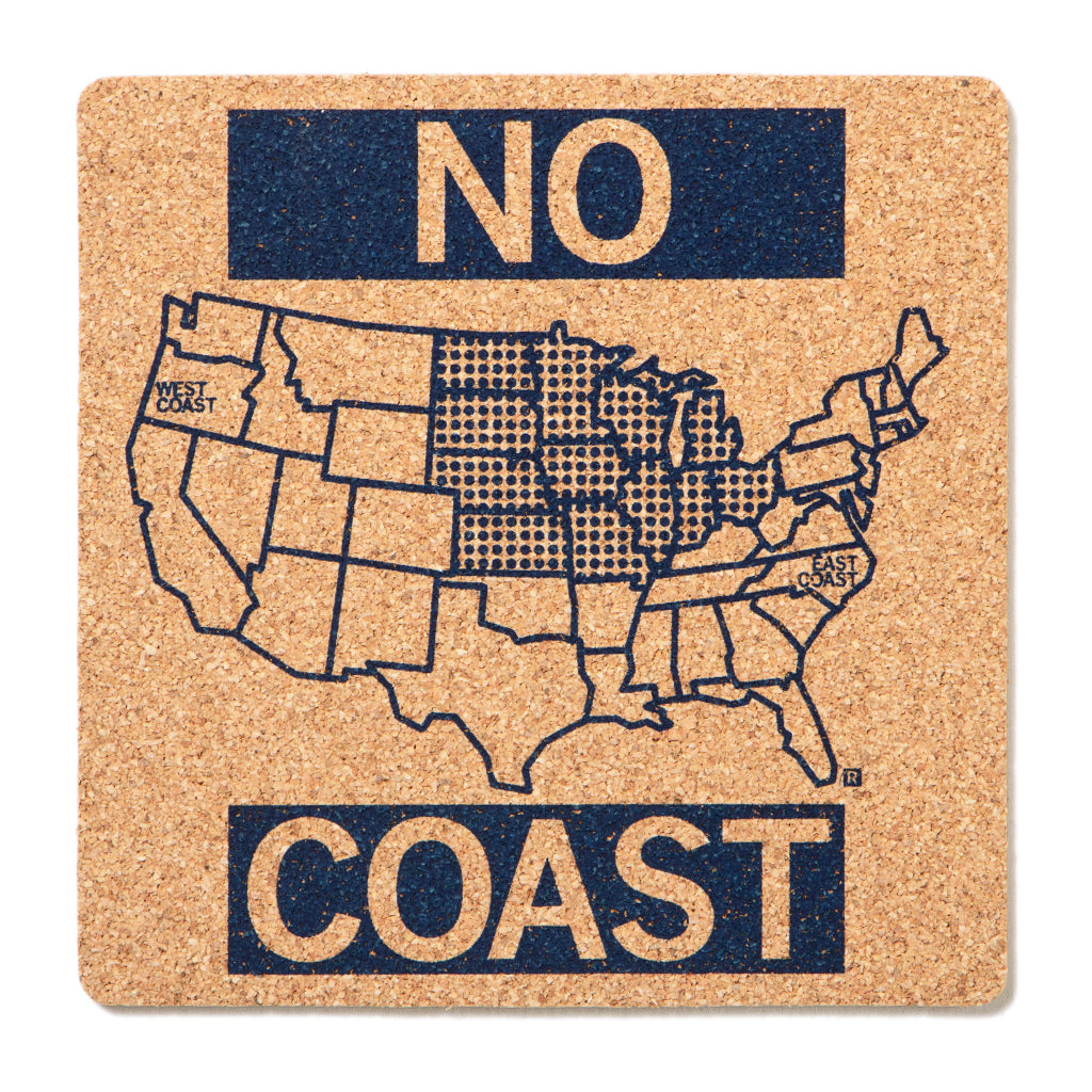 Square high density cork coaster featuring an outline of the United States with the words NO above the map and COAST below, with the central states filled in with a navy screen print dotted pattern.