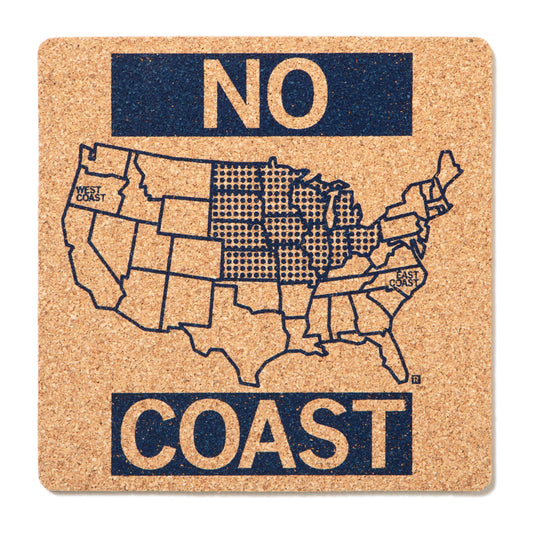 Square high density cork coaster featuring an outline of the United States with the words NO above the map and COAST below, with the central states filled in with a navy screen print dotted pattern.