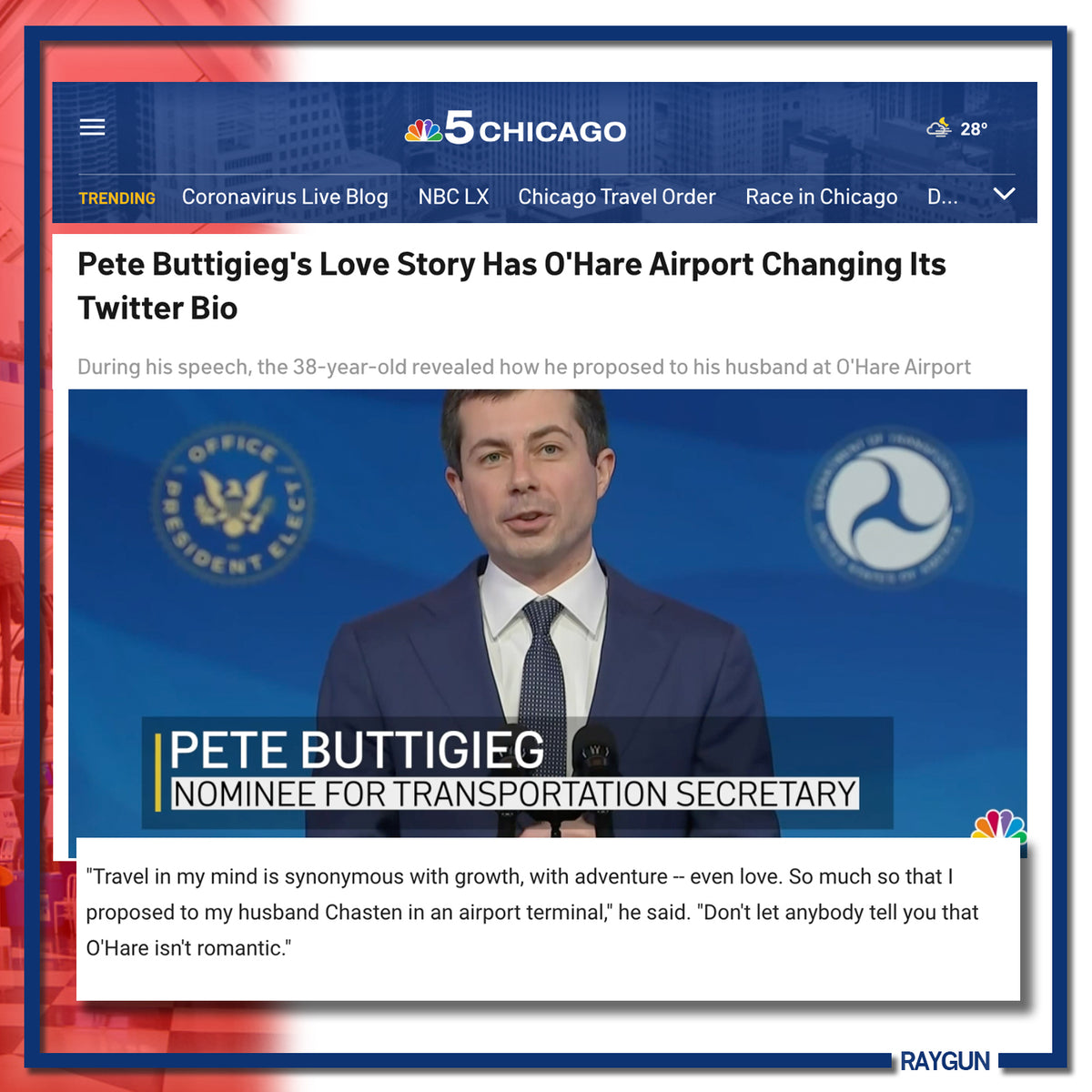 NBC 5 Chicago news screenshot featuring Pete Buttigieg, labeled Nominee for Transportation Secretary, with a headline about his O’Hare romantic t-shirt proposal at the airport.