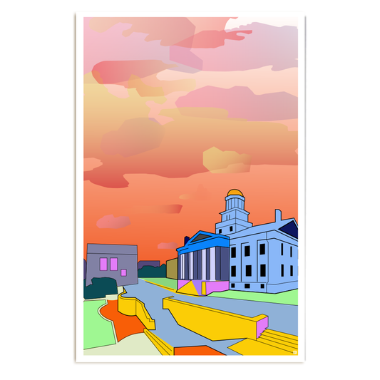 Stylized illustration of the Old Iowa Capitol building under a vibrant sunset sky in the style of a RAYGUN poster.