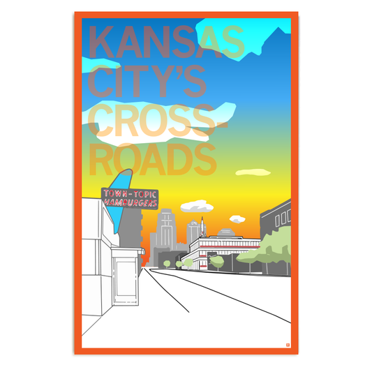 A RAYGUN poster of Kansas City’s Crossroads district featuring a Town-Topic Hamburgers sign, a city skyline, and a street perspective under a colorful sky.