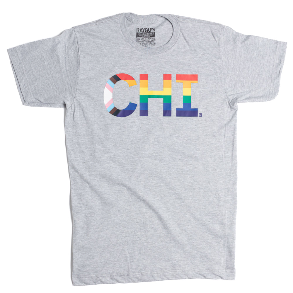 Union-made gray t-shirt with CHI printed on the chest, where the C features a progress pride flag pattern and the H and I feature a rainbow flag pattern in celebration of Chicago Pride.