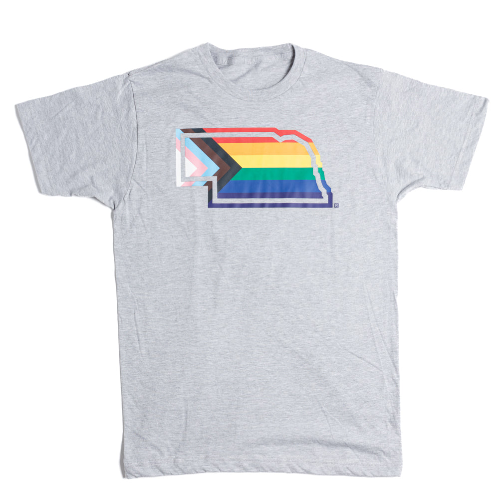 Nebraska Outline Progress Pride Flag T-Shirt – RAYGUN