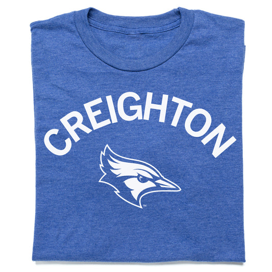 Heather royal blue t-shirt featuring the word Creighton in an arched white font above a white Creighton Bluejays logo.