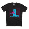 Black t-shirt with neon pink and blue print. A blue cat is holding a pink RAYGUN with a pink grid printed behind them. Blue text below reads "PEW PEW PEW"