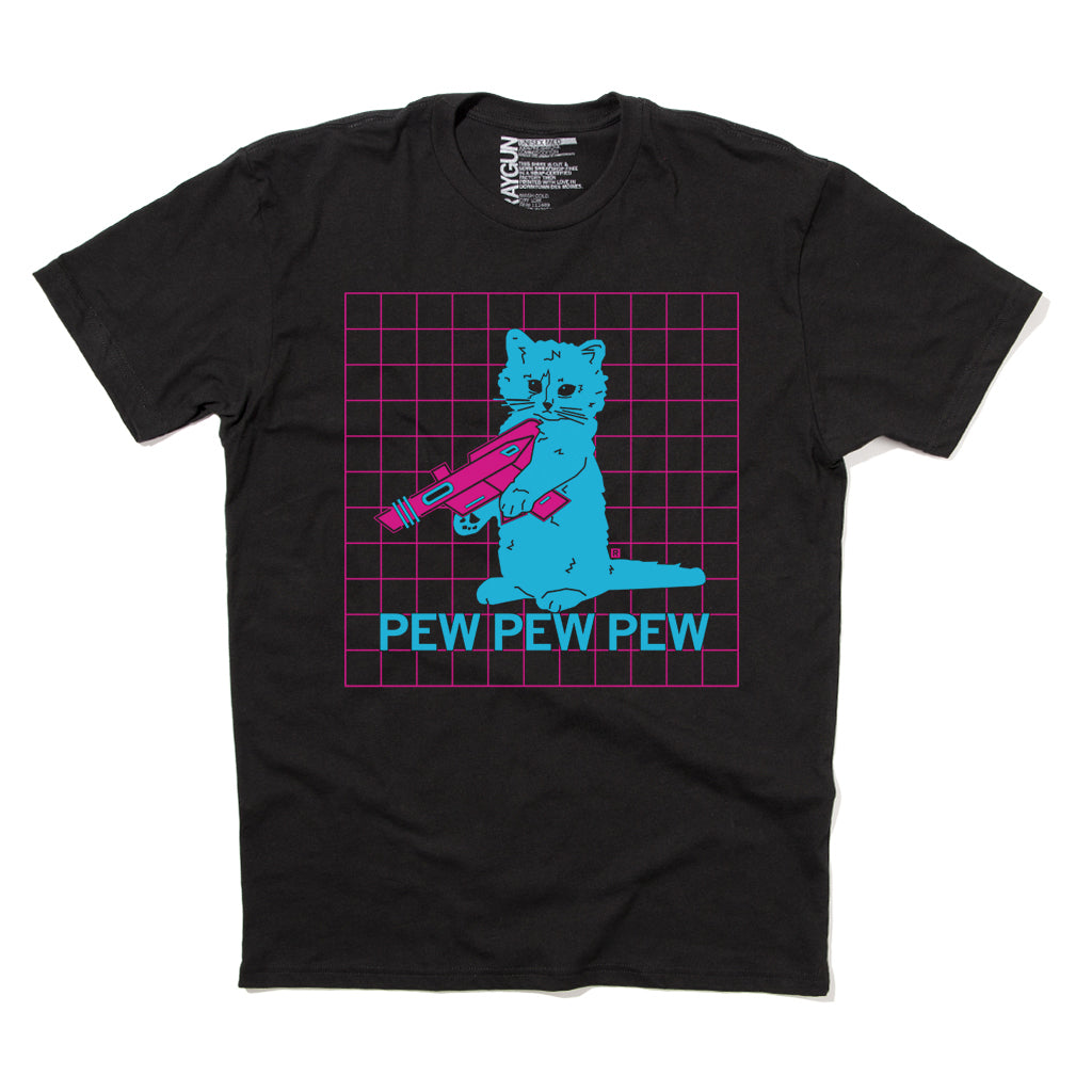 Black t-shirt with neon pink and blue print. A blue cat is holding a pink RAYGUN with a pink grid printed behind them. Blue text below reads "PEW PEW PEW"
