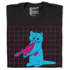 A folded black shirt with a hot pink gradient printed on it and blue ink depicting a gay holding a RAYGUN in the center. Text below says, "PEW PEW PEW"