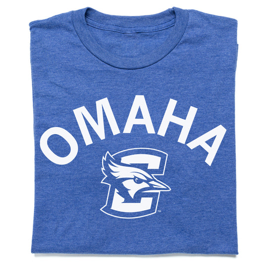 Blue RAYGUN T-shirt with the word OMAHA in white text arched over a blue and white Creighton University Bluejay logo.