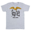 Grey RAYGUN t-shirt featuring an eagle above bicycle chain links arranged to spell OUR GEARS WE WILL MAINTAIN and WE PRIZE AND OUR BIKES, with the text RIDE IOWA at the bottom.