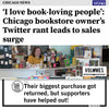 WGN Chicago News headline about a bookstore owner’s Twitter rant leading to a sales surge, showing the owner behind the counter wearing a union made book-loving t-shirt and a social media post about support after a returned purchase.
