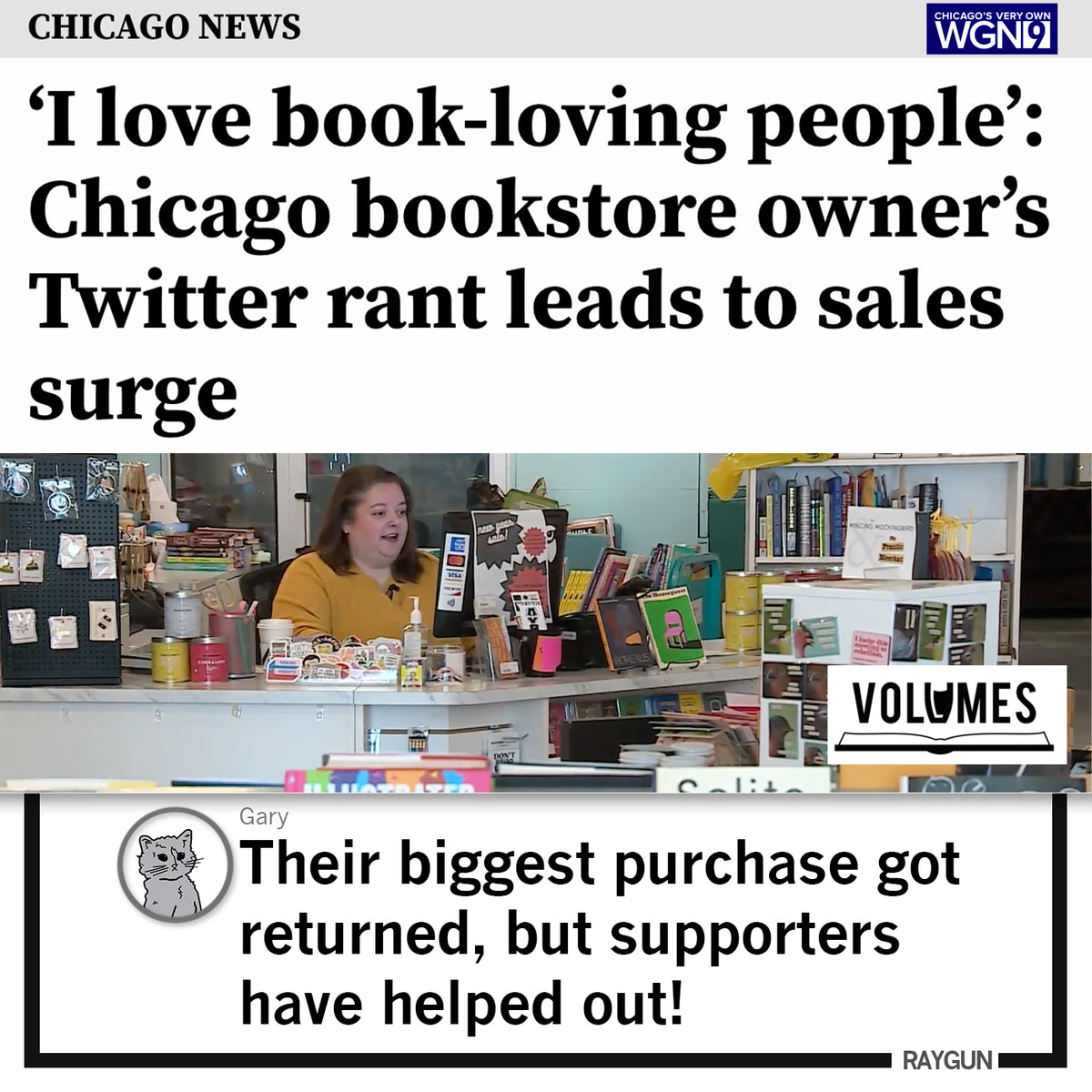 WGN Chicago News headline about a bookstore owner’s Twitter rant leading to a sales surge, showing the owner behind the counter wearing a union made book-loving t-shirt and a social media post about support after a returned purchase.