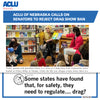 A performer in a gold sequin jacket and a Charcoal T-shirt reads to children and parents at a library, with text above criticizing a drag show ban and a cartoon at the bottom questioning the safety regulation of drag performances.