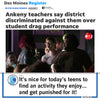A Des Moines Register headline reports that Ankeny teachers allege discrimination over a student drag performance, featuring a photo of the show and a cartoon critiquing the punishment of teens wearing Drag Saves Lives charcoal T-shirts.
